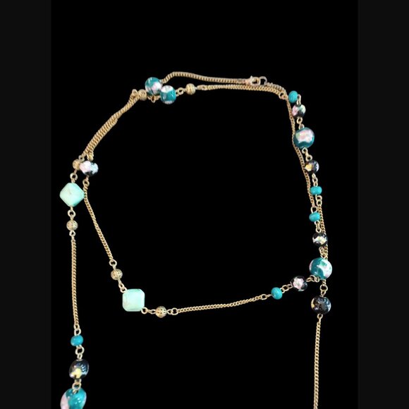 Vintage Hand Painted Artisan Gold Tone Wrapable 48" Long Necklace - Picture 2 of 8